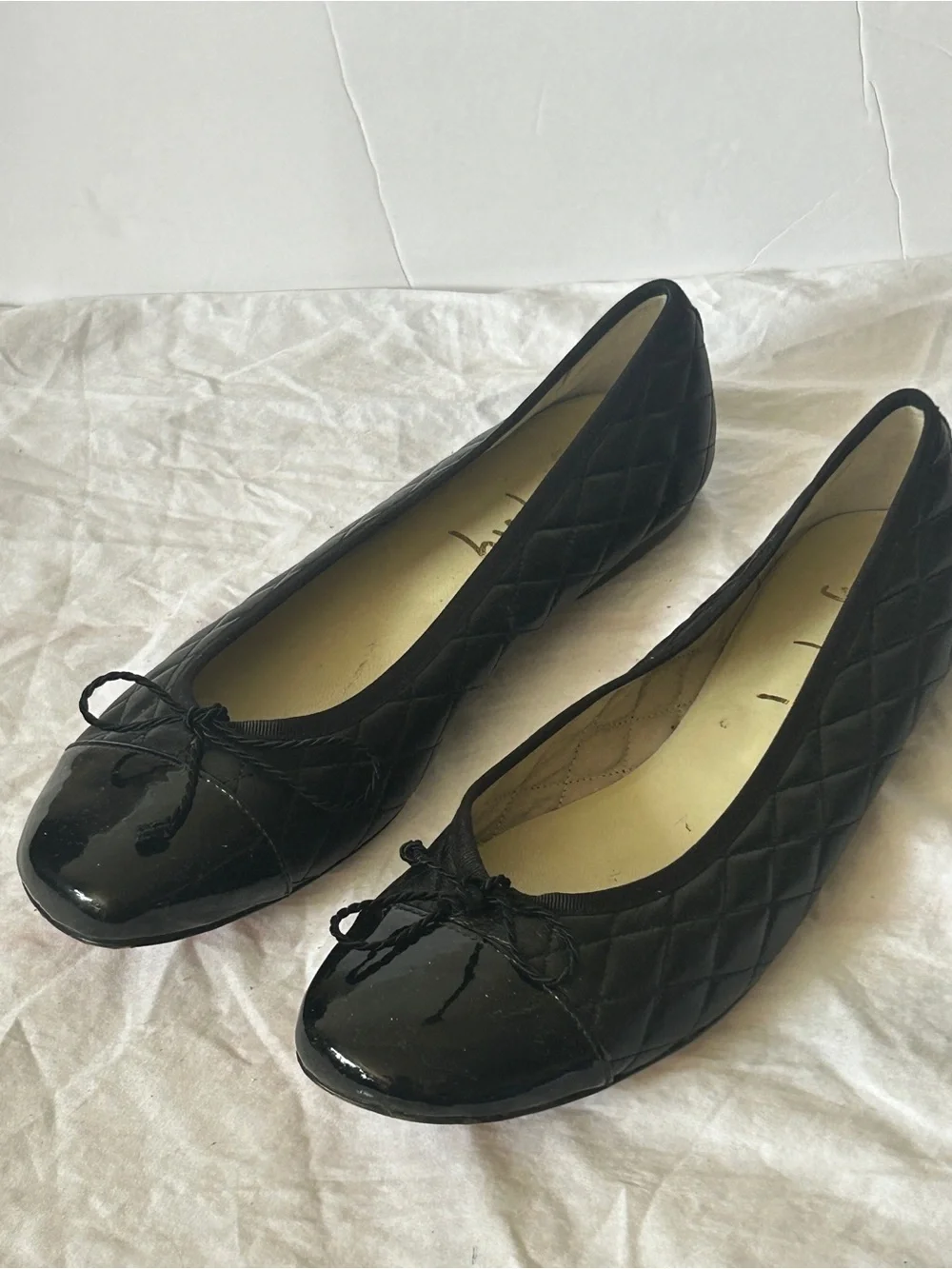 FSNY French Sole Black Quilted Patent Cap Toe Ballerina Flats Spain Quiet luxury